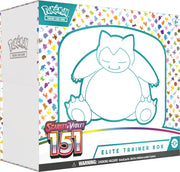 Pokémon: Scarlet and Violet 151: Elite Trainer Box - White rectangular Pokémon Scarlet and Violet 151 Elite Trainer Box with a teal outline of Snorlax and colorful silhouettes.