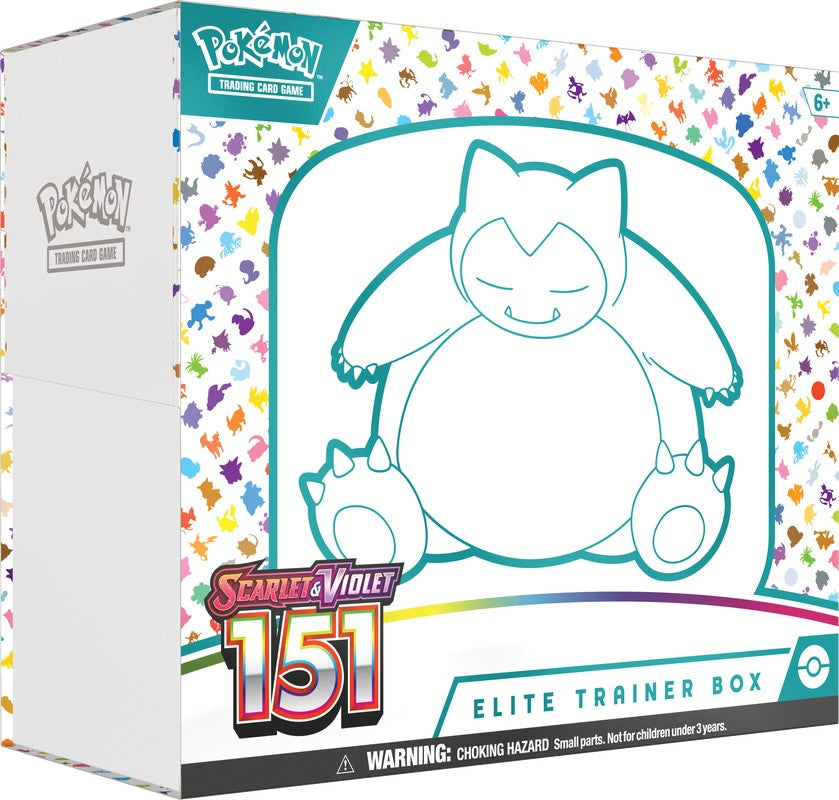 Pokémon: Scarlet and Violet 151: Elite Trainer Box - White rectangular Pokémon Scarlet and Violet 151 Elite Trainer Box with a teal outline of Snorlax and colorful silhouettes.