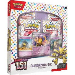 Pokémon: Scarlet and Violet 151: Alakazam Ex Box - Pokémon Scarlet and Violet 151 Alakazam EX box with red and white packaging, featuring Alakazam card and two booster packs.