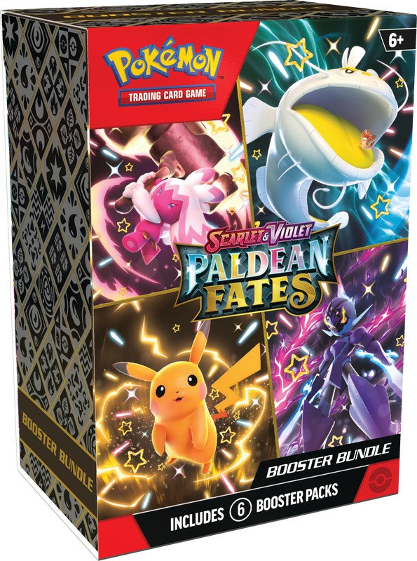 Pokemon Paldean Fates Booster Bundle - Rectangular Pokémon Paldean Fates booster bundle box featuring colorful artwork of Pikachu, Braixen, and Quaxly on a black.