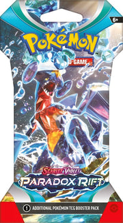 Pokemon Scarlet and Violet 4 Paradox Rift Sleeved Booster - Blue and silver Pokemon Scarlet and Violet 4 Paradox Rift sleeved booster pack with dynamic Pokemon artwork and yellow logo.