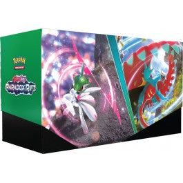Pokemon Scarlet and Violet 4 Paradox Rift Battle Stadium - Rectangular green and black Pokemon Scarlet and Violet Paradox Rift Battle Stadium box featuring dynamic illustrations of.