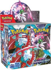 Pokemon Scarlet and Violet 4 Paradox Rift Booster Box - Pokemon Scarlet and Violet Paradox Rift booster box featuring dynamic artwork of Pokemon characters in red and blue hues,.
