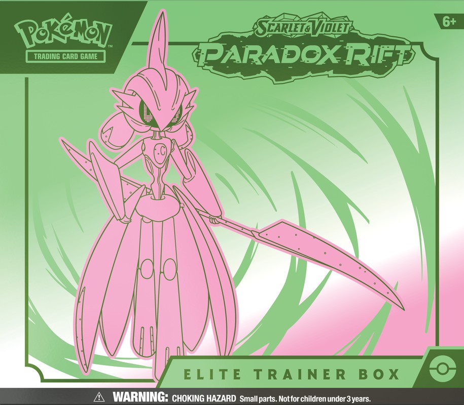 Pokemon Scarlet and Violet 4 Paradox Rift Elite Trainer (Green Version) - Green-themed Pokémon Scarlet and Violet Paradox Rift Elite Trainer box featuring pink armored warrior with large sword.
