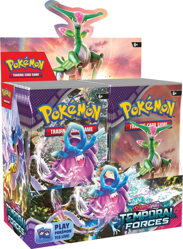 Pokémon TCG - Scarlet and Violet 5 Temporal Forces - Booster Box - Colorful Pokémon TCG Scarlet and Violet Temporal Forces booster box with dynamic dragon artwork and vibrant blue and purple.