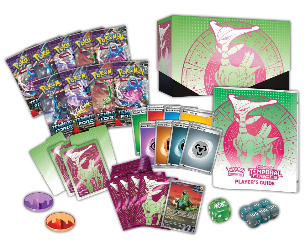 Pokémon TCG - Scarlet and Violet 5 Temporal Forces - Elite Trainer Box - Green and pink Pokémon TCG Scarlet and Violet Elite Trainer Box with energy cards, booster packs, dice, status markers, and.