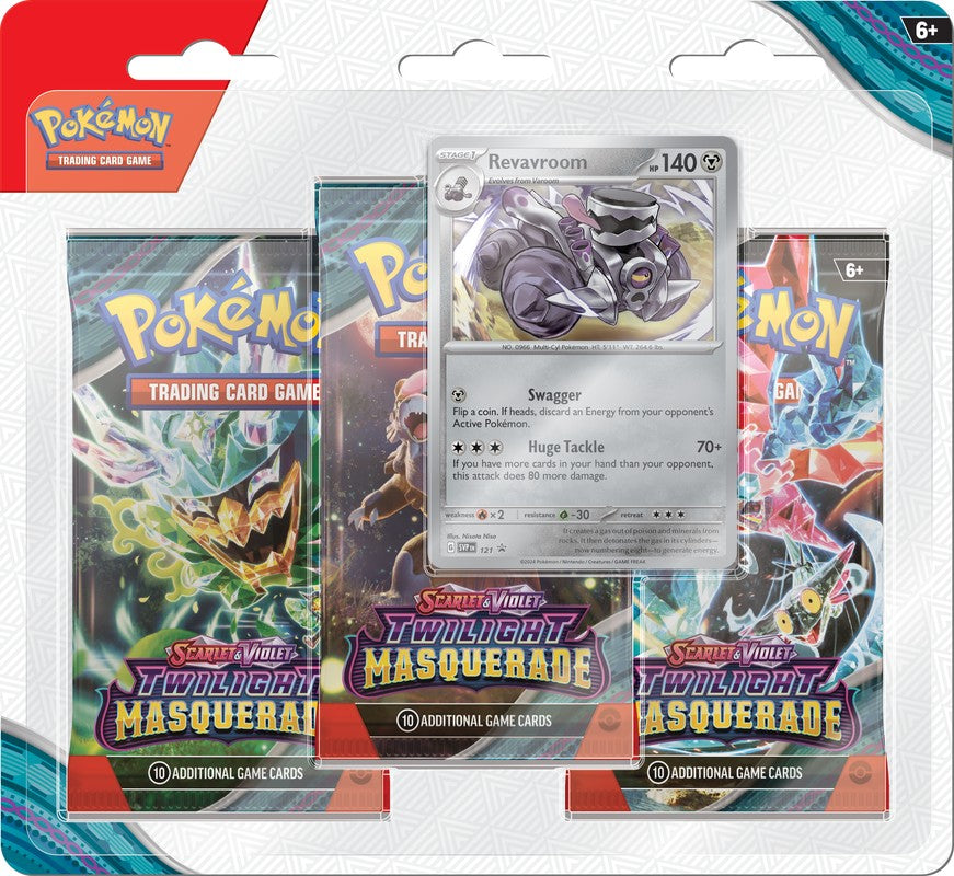 Pokemon Scarlet & Violet 6 Twilight Masquerade 3-Pack Blister - Pokemon Scarlet & Violet 6 Twilight Masquerade 3-pack blister with three colorful booster packs and a holographic Steel-type