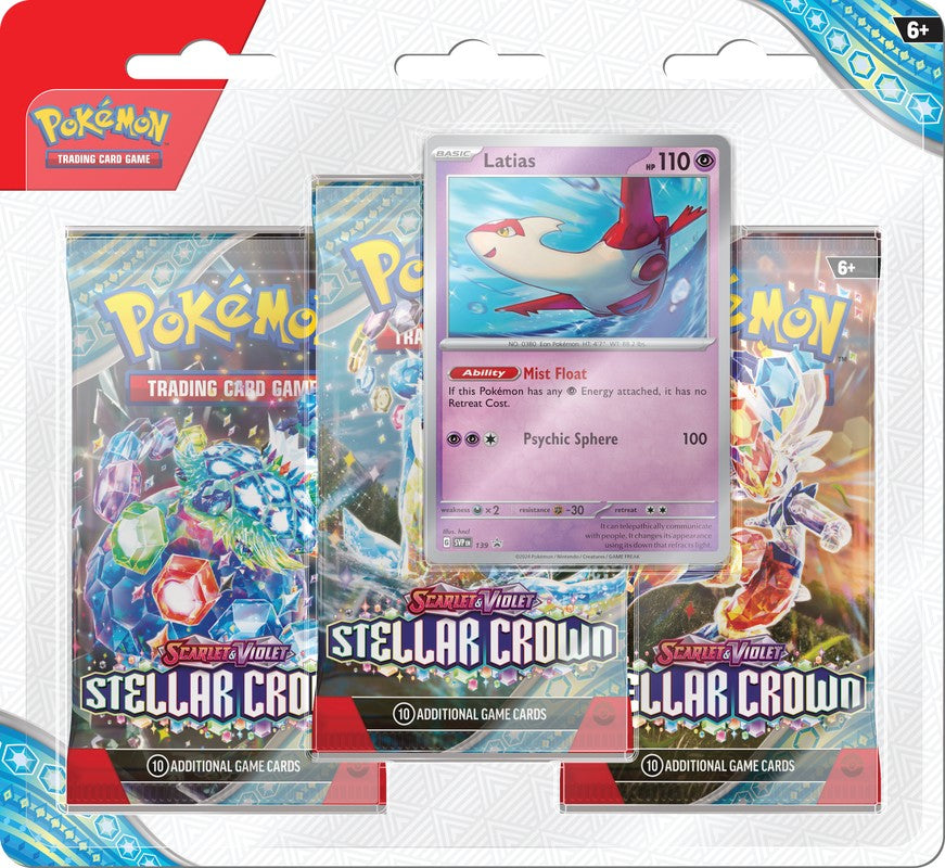 Pokémon TCG - Scarlet & Violet - Stellar Crown - 3-pack Blister - Triple blister pack of Pokémon TCG Scarlet & Violet Stellar Crown booster packs with a Latias promo card displayed in the.