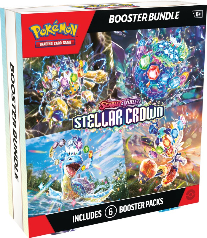 Pokémon TCG - Scarlet & Violet - Stellar Crown - Booster Bundle - Pokémon Scarlet & Violet Stellar Crown booster bundle box with colorful dynamic artwork and six booster packs inside.