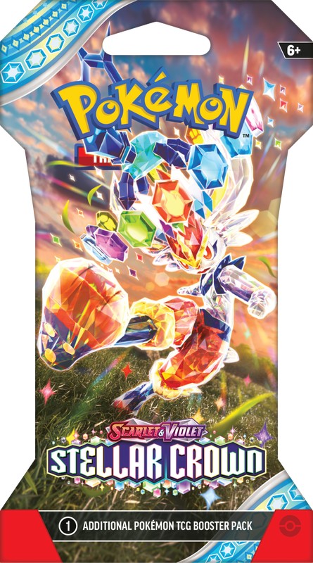 Pokémon TCG - Scarlet & Violet - Stellar Crown - Sleeved Booster - Pokémon TCG Scarlet & Violet Stellar Crown booster pack with colorful dynamic Pokémon artwork and blue border accents.