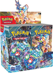 Pokémon TCG - Scarlet & Violet - Stellar Crown - Booster Box - Pokémon TCG Scarlet & Violet Stellar Crown Booster Box with colorful crystal-like artwork and dynamic character illustration