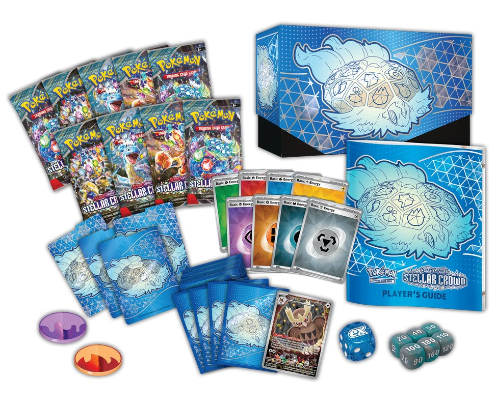 Pokémon TCG - Scarlet & Violet - Stellar Crown - Elite Trainer Box - Blue Stellar Crown Elite Trainer Box with cosmic design, Pokémon booster packs, card sleeves, dice, and accessories.