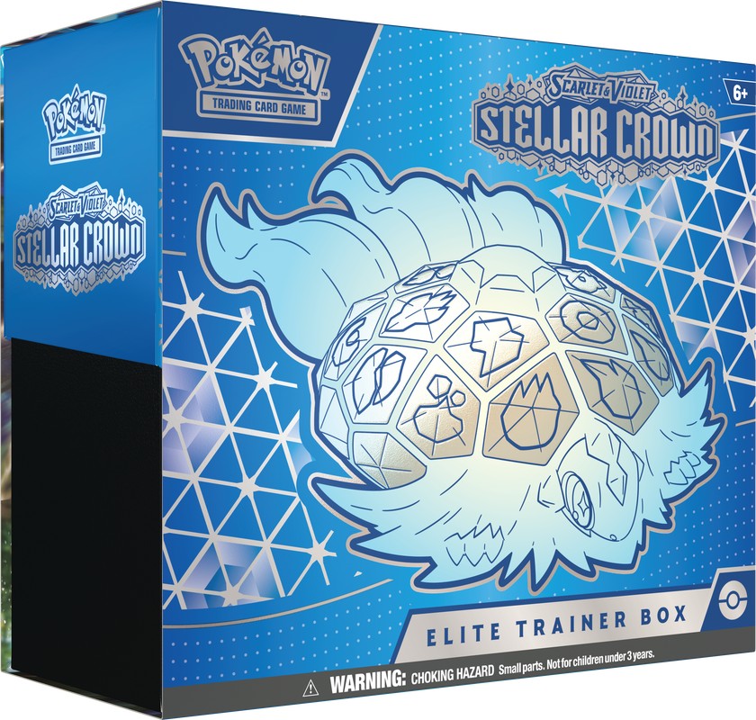 Pokémon TCG - Scarlet & Violet - Stellar Crown - Elite Trainer Box - Blue and black Pokémon TCG Stellar Crown Elite Trainer Box with a glowing white and gold crown design on the front.