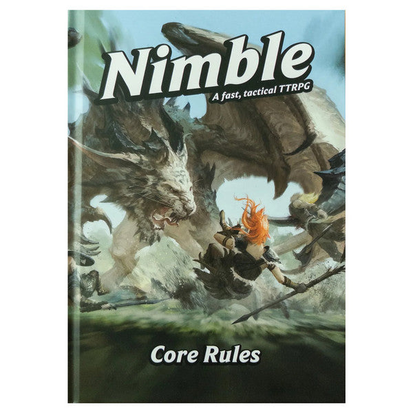 D&D 5E: Nimble: Core Rulebook - Hardcover book with a fantasy scene of a fiery-haired warrior confronting a large dragon, titled Nimble Core Rules in bold.