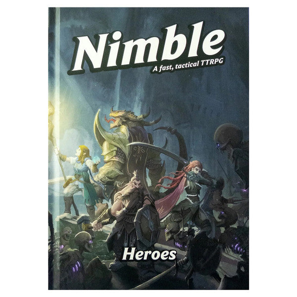 D&D 5E: Nimble: Heroes Book - Dark blue RPG book cover titled Nimble with fantasy characters and a dragon in action scene.