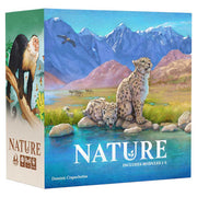 Nature - Square board game box with colorful illustration of cheetahs resting in a vibrant mountain landscape under a blue sky.