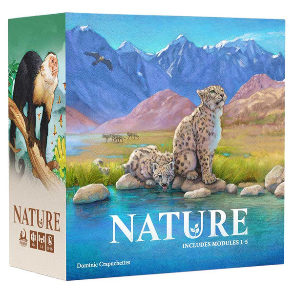 Nature - Square board game box with colorful illustration of cheetahs resting in a vibrant mountain landscape under a blue sky.