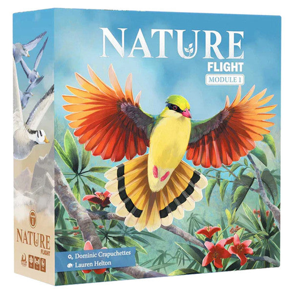 Nature: Module 1: Flight Expansion - Flight Expansion showing an illustrated bird with bright yellow body and orange-tipped wings flying over green foliage and.