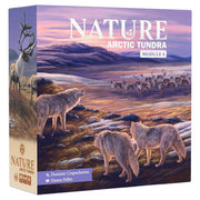 Nature: Module 4: Tundra - Square game box depicting arctic tundra landscape with wolves and reindeer under soft sunset sky.
