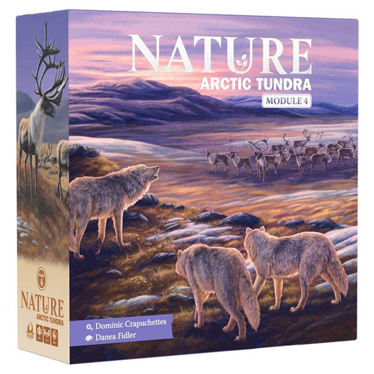 Nature: Module 4: Tundra - Square game box depicting arctic tundra landscape with wolves and reindeer under soft sunset sky.