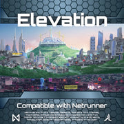 Netrunner: Elevation - Futuristic cityscape with lush green hills and towering modern buildings under a clear sky, featuring a large dome structure