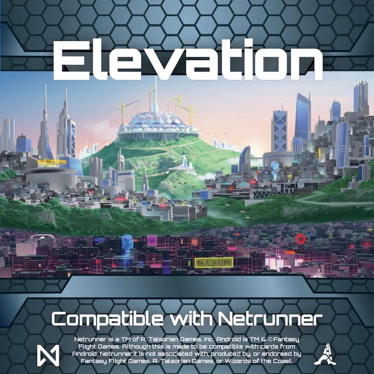 Netrunner: Elevation - Futuristic cityscape with lush green hills and towering modern buildings under a clear sky, featuring a large dome structure