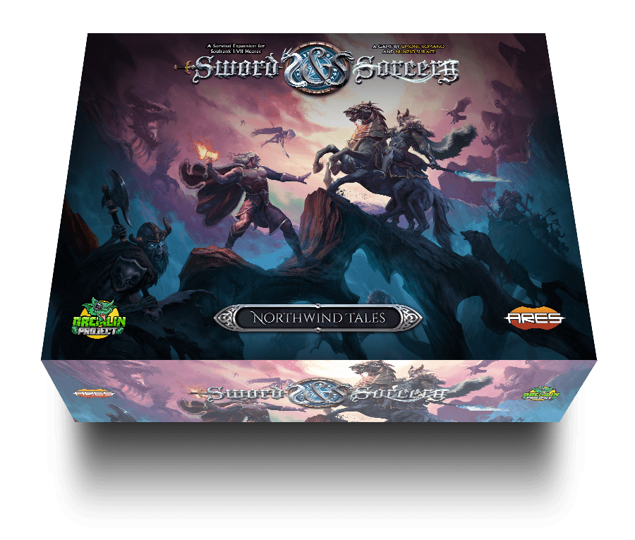 Sword & Sorcery: Northwind Tales - Northwind Tales featuring dark fantasy artwork with warriors and mystical creatures in purple and blue tones.