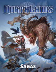 Northlands Sagas (PREORDER) - Fantasy-themed game box cover showing a snowy battle scene with a warrior, a wolf, and a large horned beast.