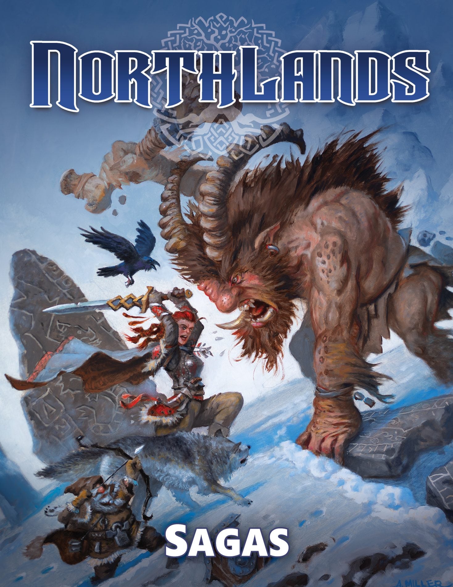 Northlands Sagas (PREORDER) - Fantasy-themed game box cover showing a snowy battle scene with a warrior, a wolf, and a large horned beast.
