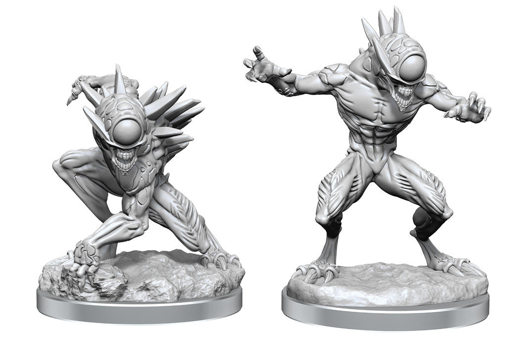 D&D Nolzur's Marvelous Miniatures: Nothics - Two detailed gray plastic miniatures of Nothics from Dungeons & Dragons, featuring one crouching and one standing pose with.