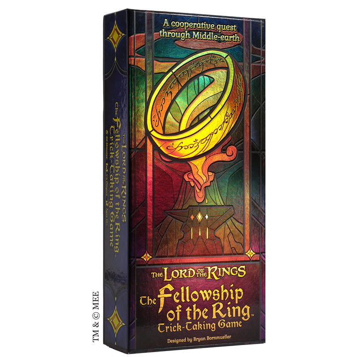 The Fellowship of the Ring: Trick-Taking Game - Rectangular game box featuring stained glass style artwork of the One Ring glowing above a dark throne, with gold and red.