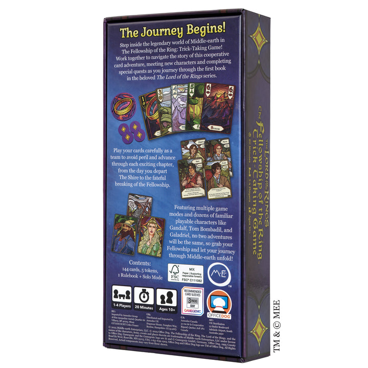 The Fellowship of the Ring: Trick-Taking Game - Blue rectangular box with colorful card illustrations and purple sides, featuring game details and logos on the back.