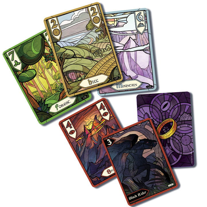 The Fellowship of the Ring: Trick-Taking Game - Colorful illustrated playing cards featuring fantasy landscapes, characters, and objects from Lord of the Rings.