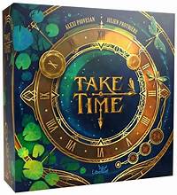 Take Time - Square game box with a celestial clock design in gold and green tones, titled "Take Time" in elegant lettering.