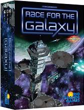 Race for the Galaxy - Race for the Galaxy board game box with futuristic space station artwork and vibrant galaxy background in blue and purple.