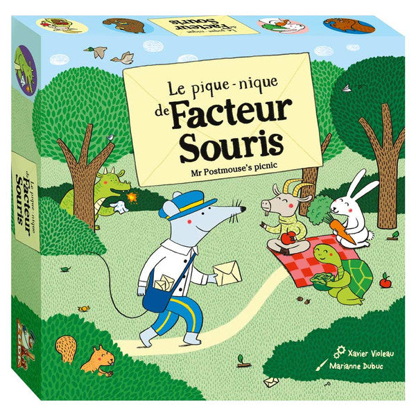 Mr. Postmouse's Picnic - Colorful board game box featuring cartoon animals having a picnic outdoors with a mouse postman delivering mail.