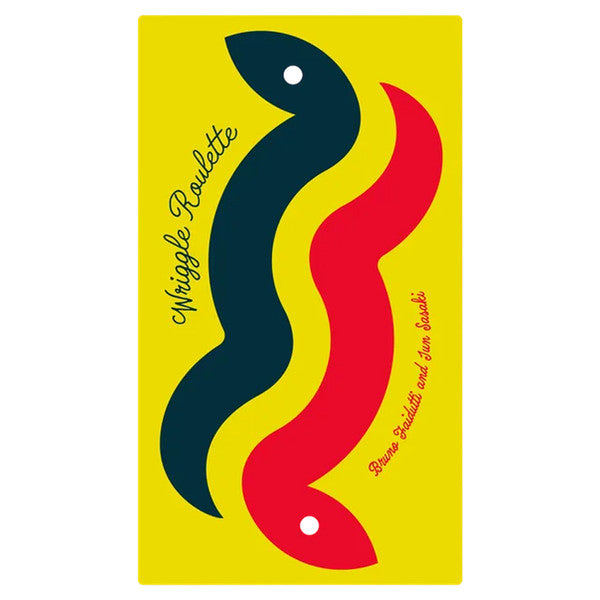 Wriggle Roulette - Yellow rectangular board featuring two wavy fish shapes in black and red with white eyes, labeled Wriggle Roulette.