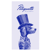 Petiquette - Vertical rectangular box with a blue illustration of a dog wearing a top hat and striped jacket on a light purple background.