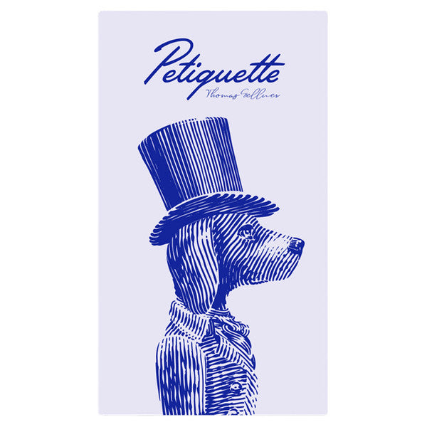 Petiquette - Vertical rectangular box with a blue illustration of a dog wearing a top hat and striped jacket on a light purple background.