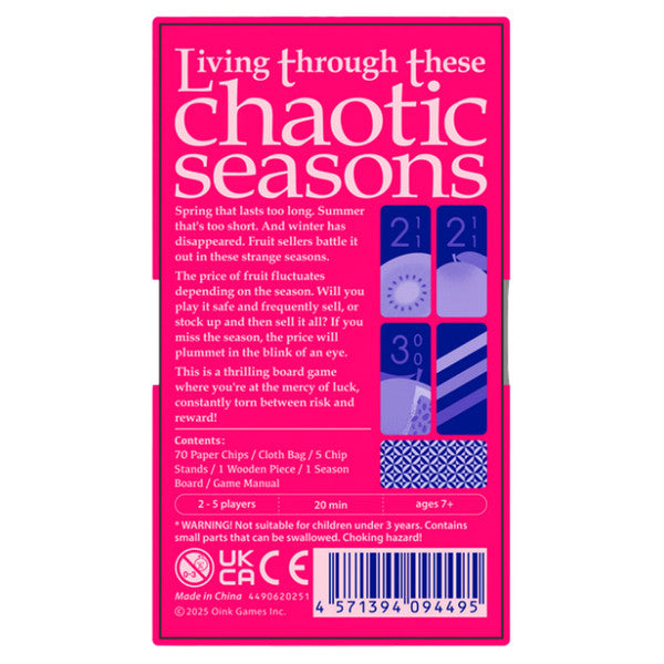 Tropichaos - Card game box with bright pink background and white text reading "Living through these chaotic seasons" with blue and purple
