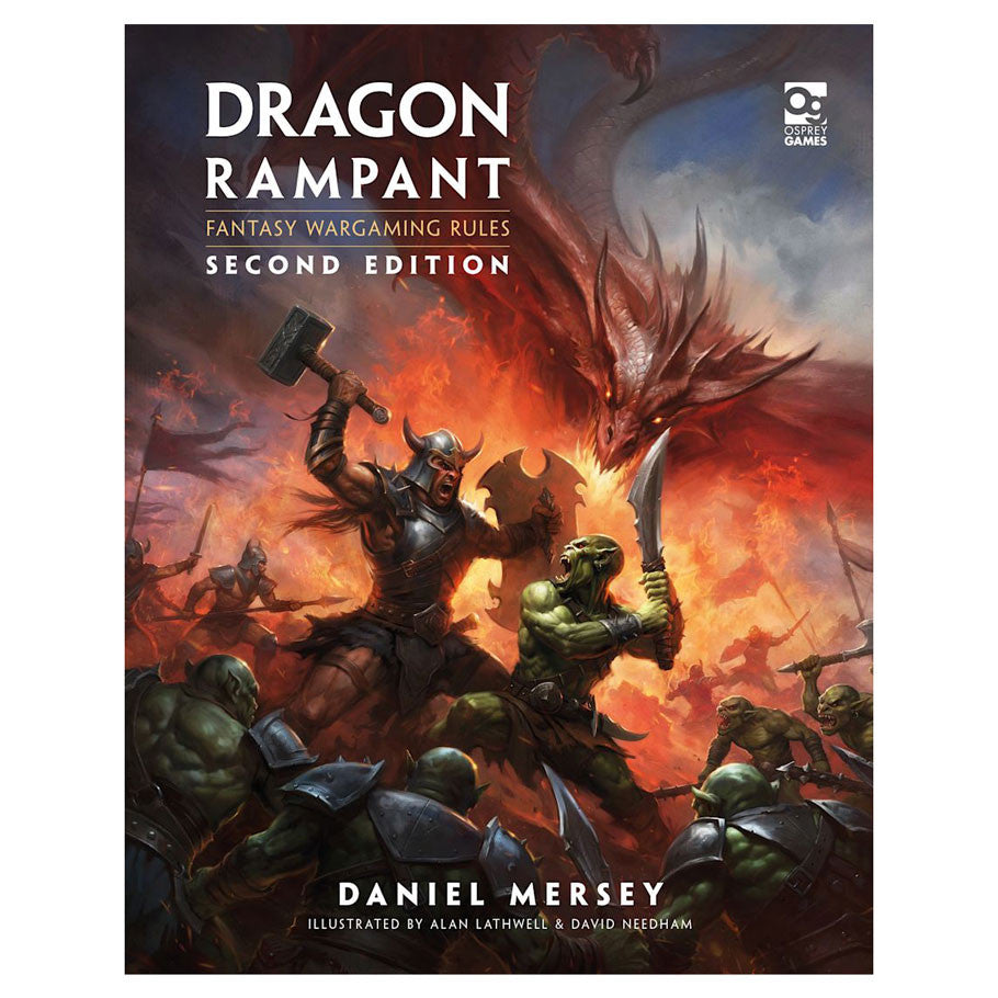Dragon Rampant: Second Edition - Dragon Rampant Second Edition rulebook with fantasy battle scene featuring armored warrior fighting a red dragon against.