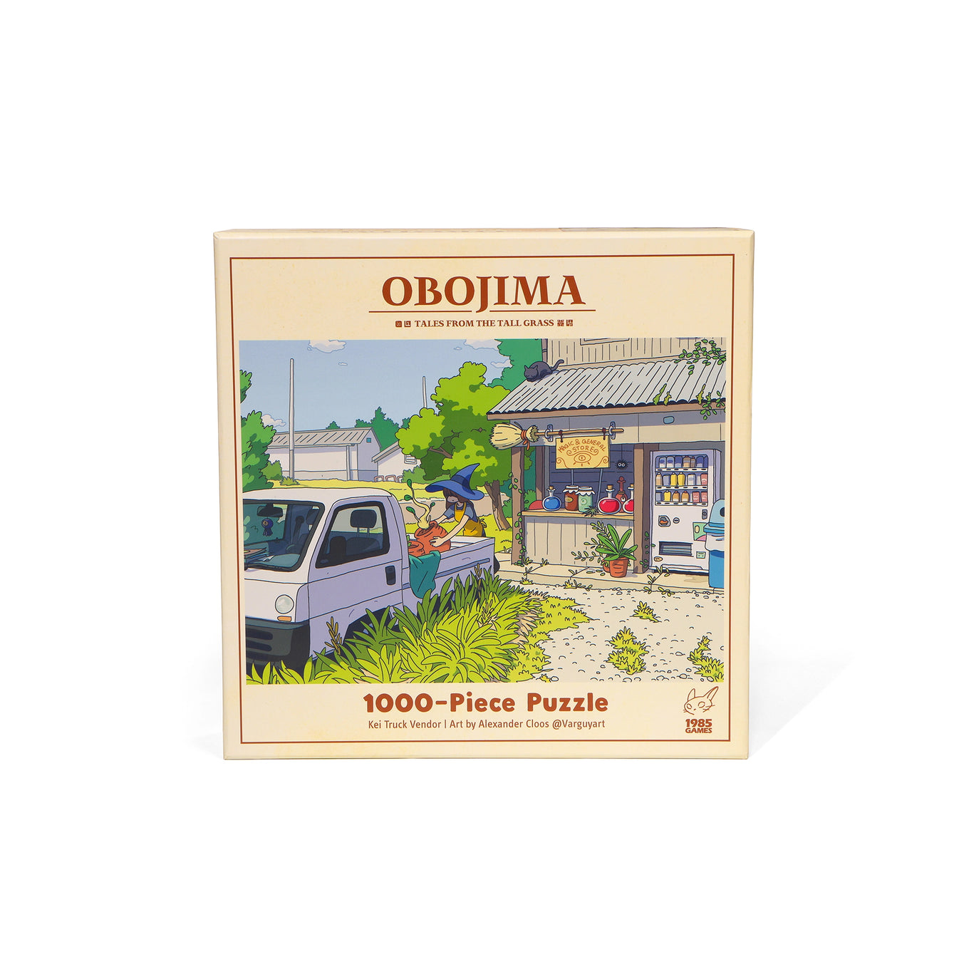 Obojima Puzzle - Kei Truck Vendor (PREORDER) - Square puzzle box featuring artwork of a white kei truck parked in front of a traditional Japanese vendor shop surrounded by