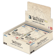 One Piece TCG: Anime 25th Collection Extra Booster - Open beige display box holding multiple One Piece TCG 25th Collection Extra Booster card packs featuring sketch-style.
