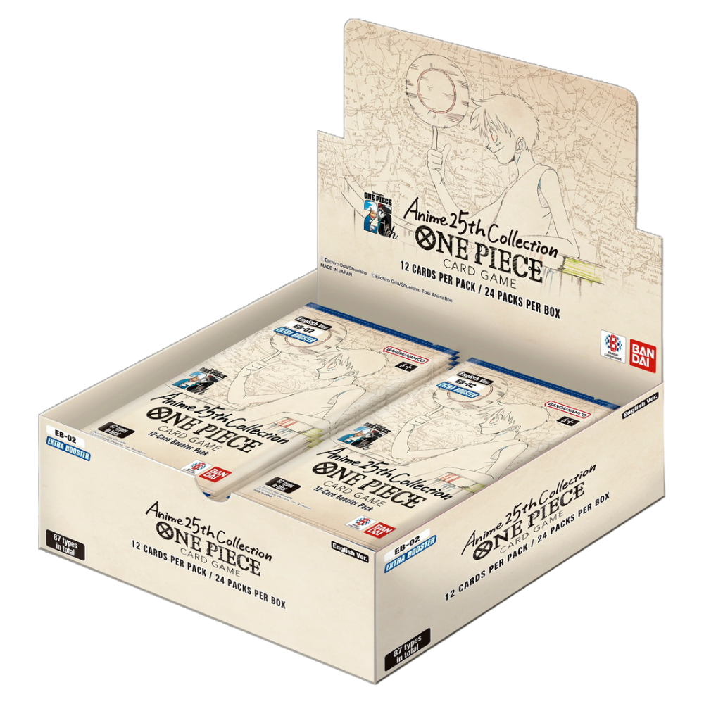 One Piece TCG: Anime 25th Collection Extra Booster - Open beige display box holding multiple One Piece TCG 25th Collection Extra Booster card packs featuring sketch-style.