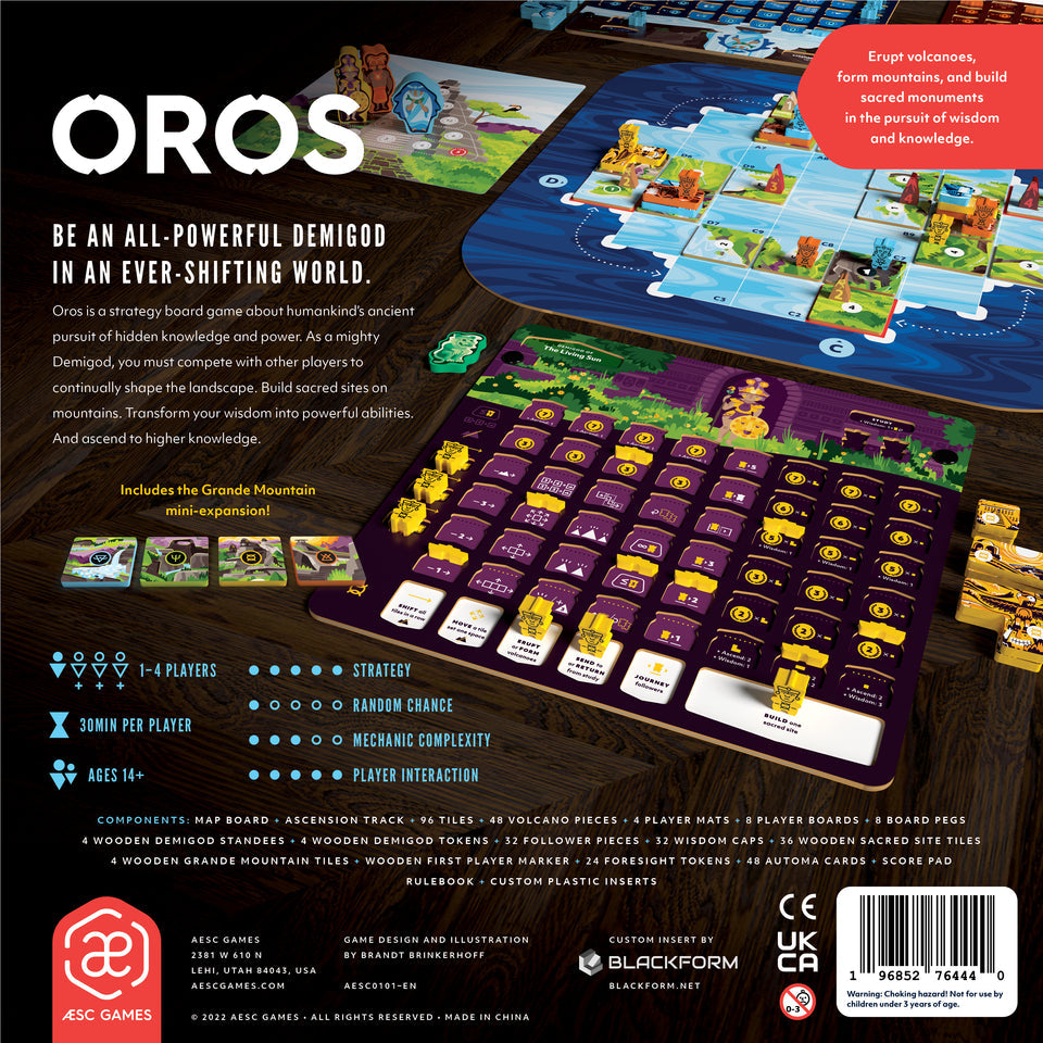 Oros Collector's Edition - Board game setup with a detailed map, purple and gold player boards, colorful cards, and strategy tokens arranged on a dark.