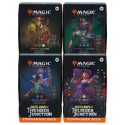 Magic: The Gathering - Outlaws of Thunder Junction Commander Deck 4-pack - The Gathering Commander Deck boxes featuring fantasy outlaw characters, each with distinct dark-themed artwork and vibrant.