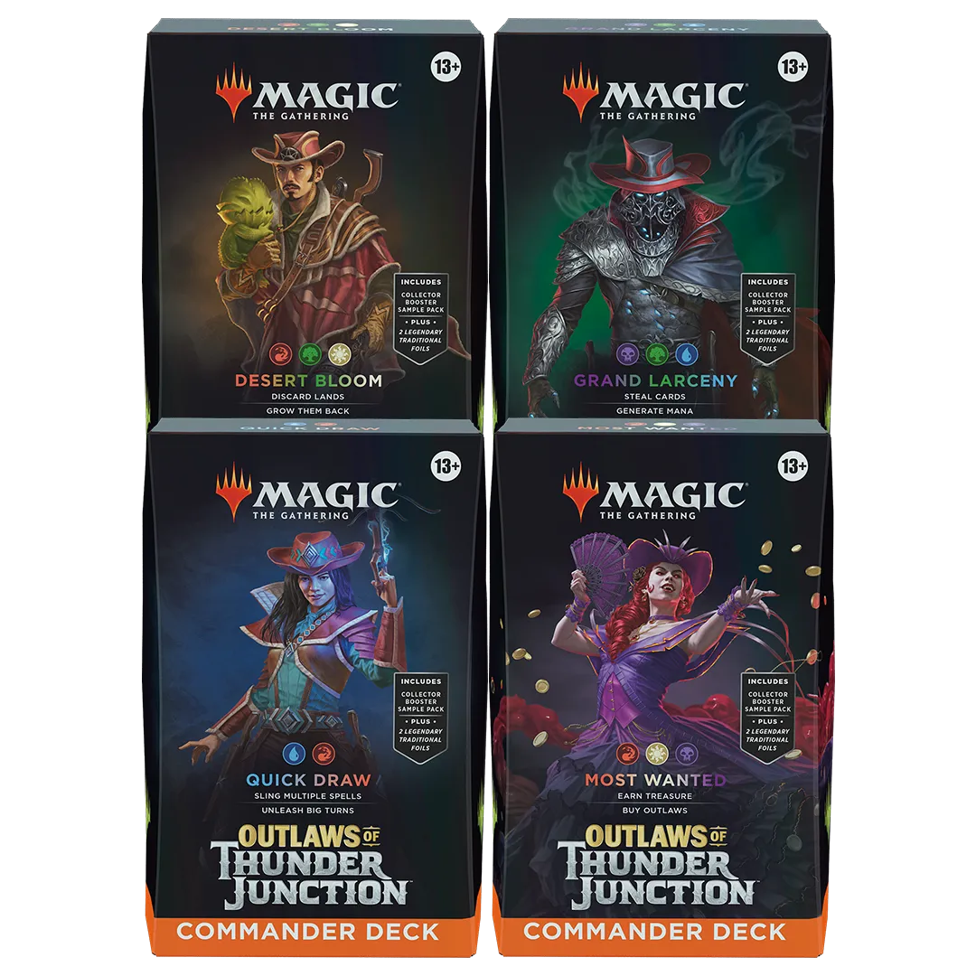 Magic: The Gathering - Outlaws of Thunder Junction Commander Deck 4-pack - The Gathering Commander Deck boxes featuring fantasy outlaw characters, each with distinct dark-themed artwork and vibrant.