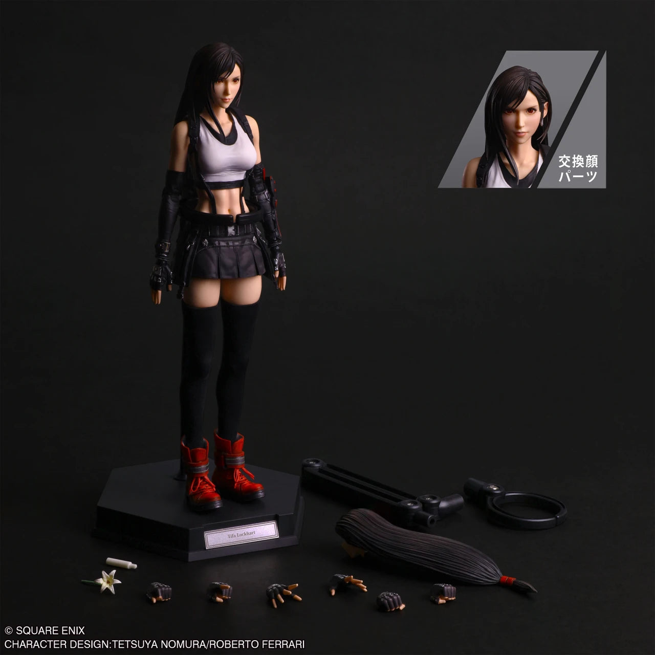 Play Arts Shin Action Figure: Final Fantasy VII Rebirth - Tifa Lockhart (PREORDER) - Articulated Tifa Lockhart action figure with black hair, purple crop top, black skirt, thigh-high stockings, and red boots.