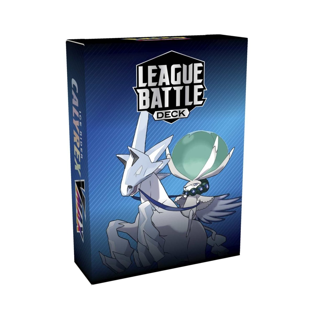 Pokémon Ice Rider Calyrex VMAX League Battle Deck - Pokémon League Battle Deck box featuring Ice Rider Calyrex artwork on blue gradient background.