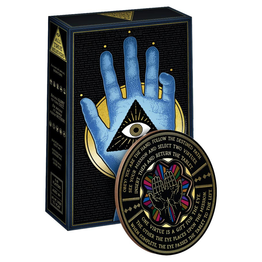 All True Believers (PREORDER) - Black rectangular box with gold and blue mystical hand illustration, accompanied by a round black and gold token with.